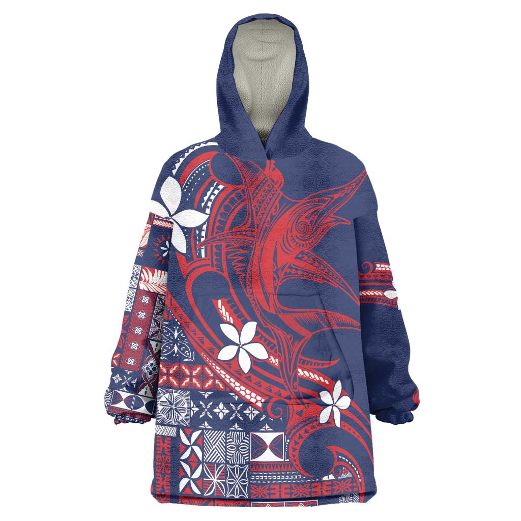 Samoa Manuia le Aso Tuto'atasi Wearable Blanket Hoodie Siapo Mamanu Mix Tatau Marlin - Flag Color LT7 One Size Blue - Polynesian Pride