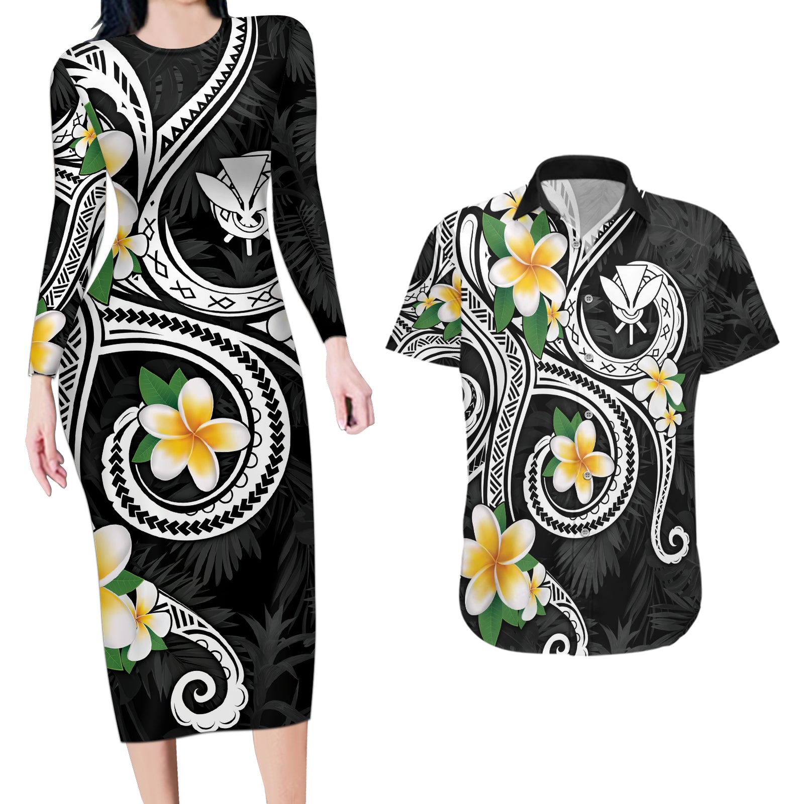 Kanaka Maoli Hawaii Plumeria Couples Matching Long Sleeve Bodycon Dress and Hawaiian Shirt Dancing Tentacles Black Style LT7 Black - Polynesian Pride