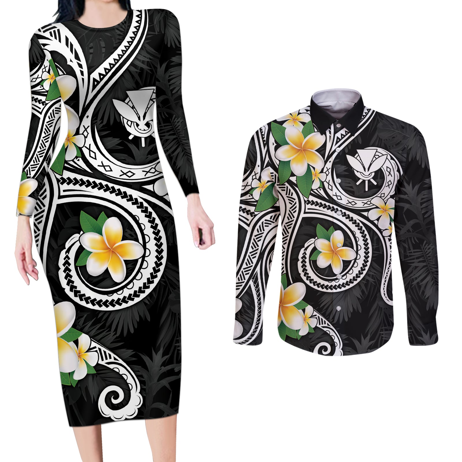 Kanaka Maoli Hawaii Plumeria Couples Matching Long Sleeve Bodycon Dress and Long Sleeve Button Shirt Dancing Tentacles Black Style LT7 Black - Polynesian Pride