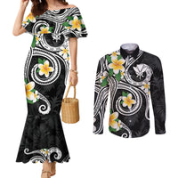 Kanaka Maoli Hawaii Plumeria Couples Matching Mermaid Dress and Long Sleeve Button Shirt Dancing Tentacles Black Style
