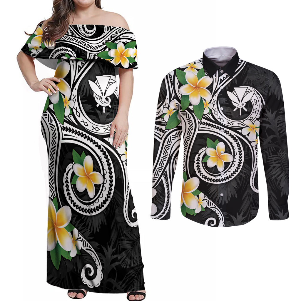 Kanaka Maoli Hawaii Plumeria Couples Matching Off Shoulder Maxi Dress and Long Sleeve Button Shirt Dancing Tentacles Black Style LT7 Black - Polynesian Pride