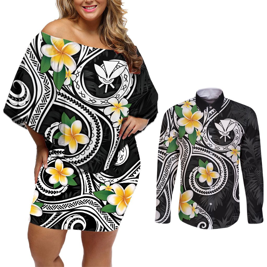 Kanaka Maoli Hawaii Plumeria Couples Matching Off Shoulder Short Dress and Long Sleeve Button Shirt Dancing Tentacles Black Style LT7 Black - Polynesian Pride