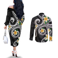 Kanaka Maoli Hawaii Plumeria Couples Matching Off The Shoulder Long Sleeve Dress and Long Sleeve Button Shirt Dancing Tentacles Black Style