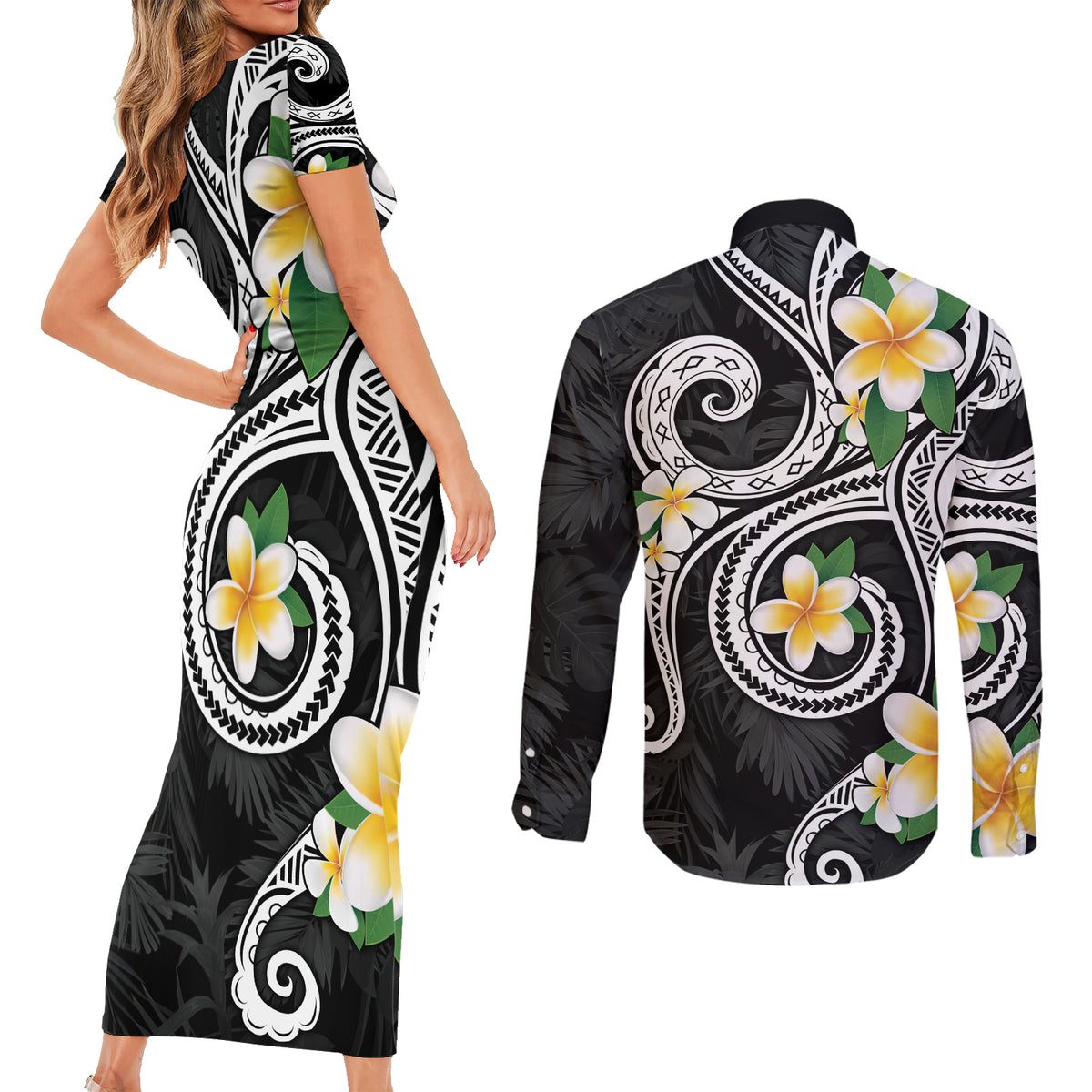 Kanaka Maoli Hawaii Plumeria Couples Matching Short Sleeve Bodycon Dress and Long Sleeve Button Shirt Dancing Tentacles Black Style