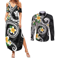 Kanaka Maoli Hawaii Plumeria Couples Matching Summer Maxi Dress and Long Sleeve Button Shirt Dancing Tentacles Black Style