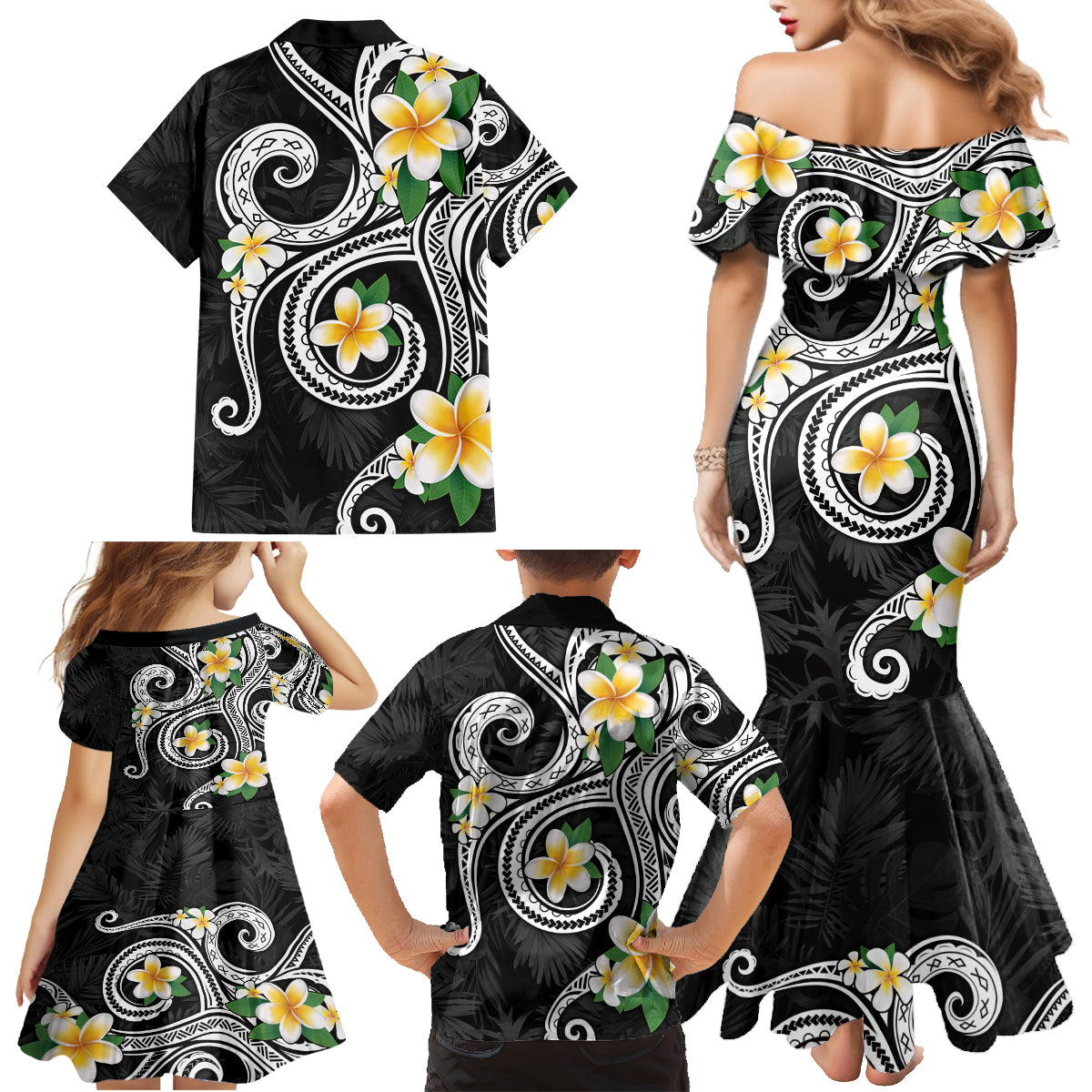 Kanaka Maoli Hawaii Plumeria Family Matching Mermaid Dress and Hawaiian Shirt Dancing Tentacles Black Style