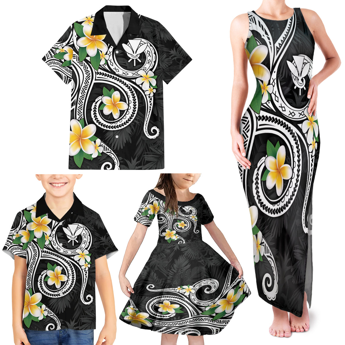 Kanaka Maoli Hawaii Plumeria Family Matching Tank Maxi Dress and Hawaiian Shirt Dancing Tentacles Black Style LT7 - Polynesian Pride