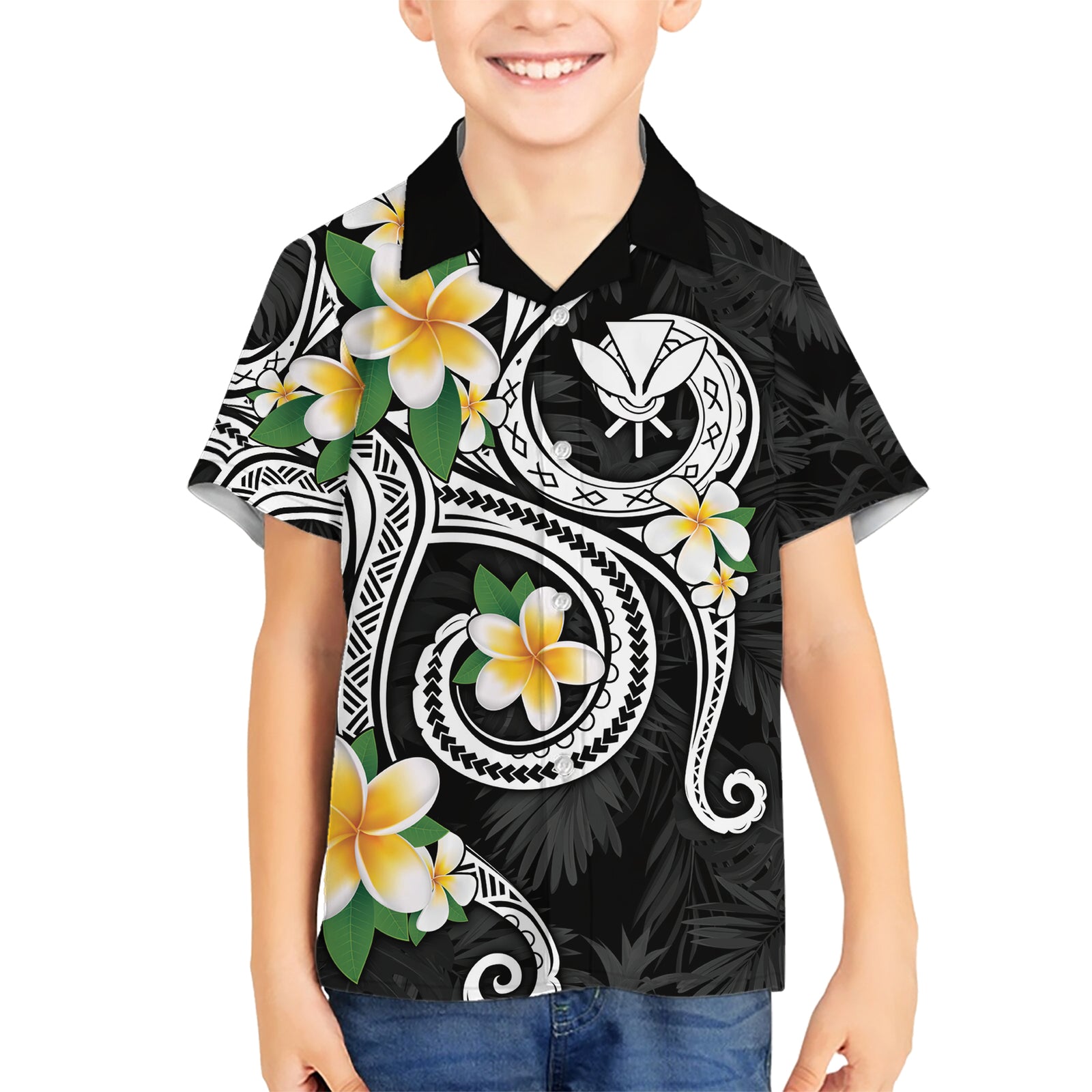 Kanaka Maoli Hawaii Plumeria Kid Hawaiian Shirt Dancing Tentacles Black Style LT7 Kid Black - Polynesian Pride
