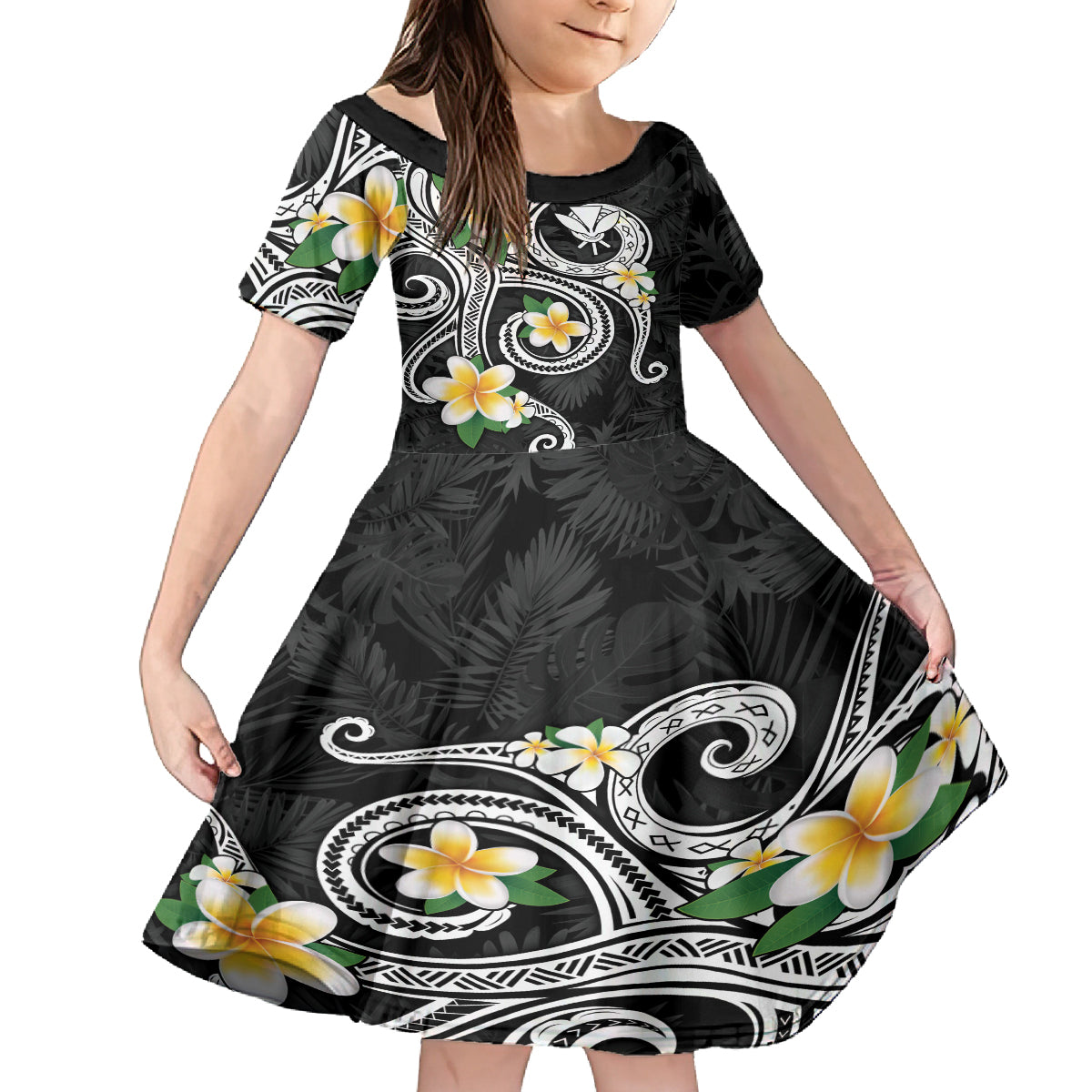 Kanaka Maoli Hawaii Plumeria Kid Short Sleeve Dress Dancing Tentacles Black Style