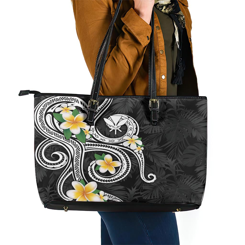 Kanaka Maoli Hawaii Plumeria Leather Tote Bag Dancing Tentacles Black Style
