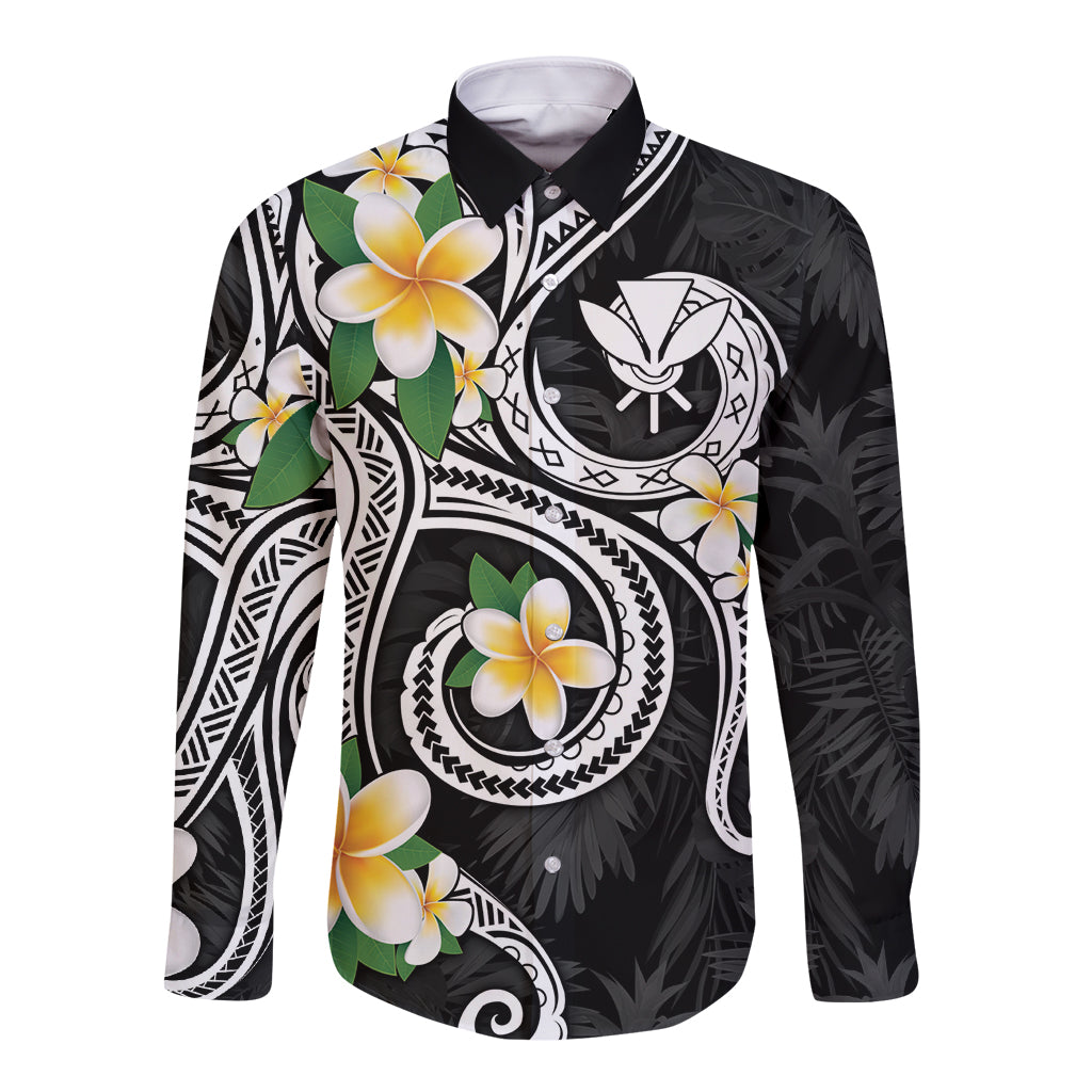 Kanaka Maoli Hawaii Plumeria Long Sleeve Button Shirt Dancing Tentacles Black Style LT7 Unisex Black - Polynesian Pride