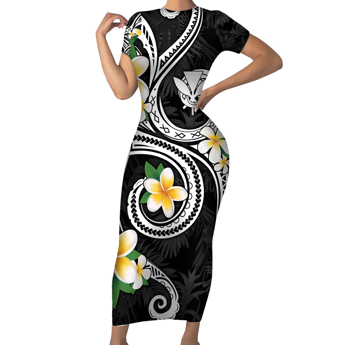 Kanaka Maoli Hawaii Plumeria Short Sleeve Bodycon Dress Dancing Tentacles Black Style