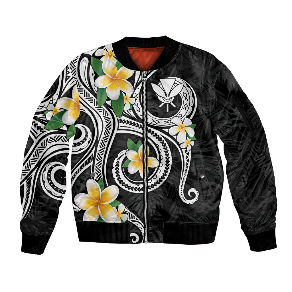 Kanaka Maoli Hawaii Plumeria Sleeve Zip Bomber Jacket Dancing Tentacles Black Style LT7 Unisex Black - Polynesian Pride