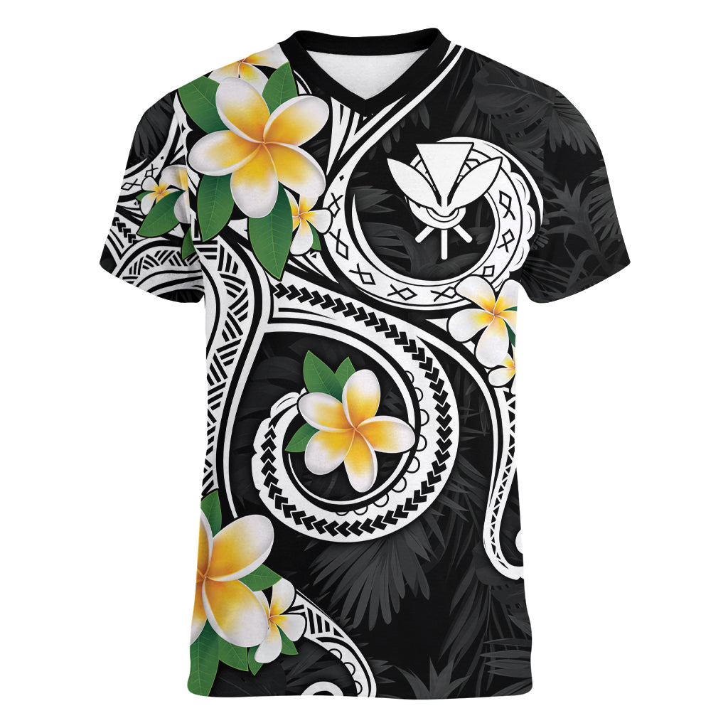 Kanaka Maoli Hawaii Plumeria Women V-Neck T-Shirt Dancing Tentacles Black Style