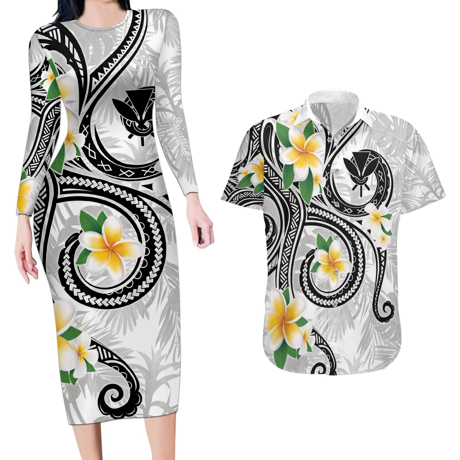 Kanaka Maoli Hawaii Plumeria Couples Matching Long Sleeve Bodycon Dress and Hawaiian Shirt Dancing Tentacles White Style LT7 White - Polynesian Pride