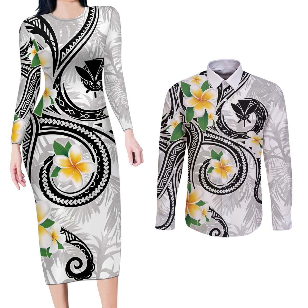 Kanaka Maoli Hawaii Plumeria Couples Matching Long Sleeve Bodycon Dress and Long Sleeve Button Shirt Dancing Tentacles White Style