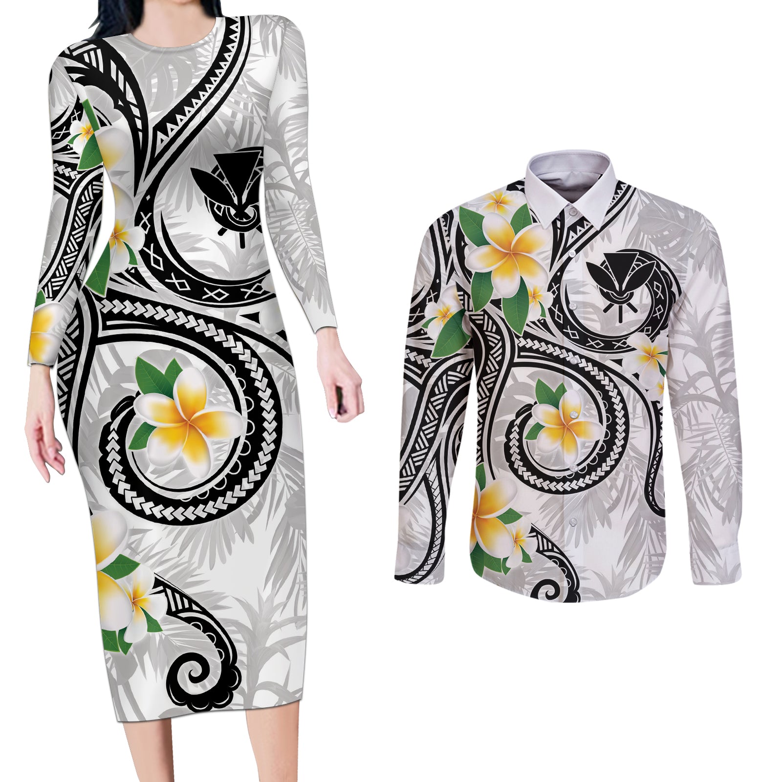 Kanaka Maoli Hawaii Plumeria Couples Matching Long Sleeve Bodycon Dress and Long Sleeve Button Shirt Dancing Tentacles White Style LT7 White - Polynesian Pride