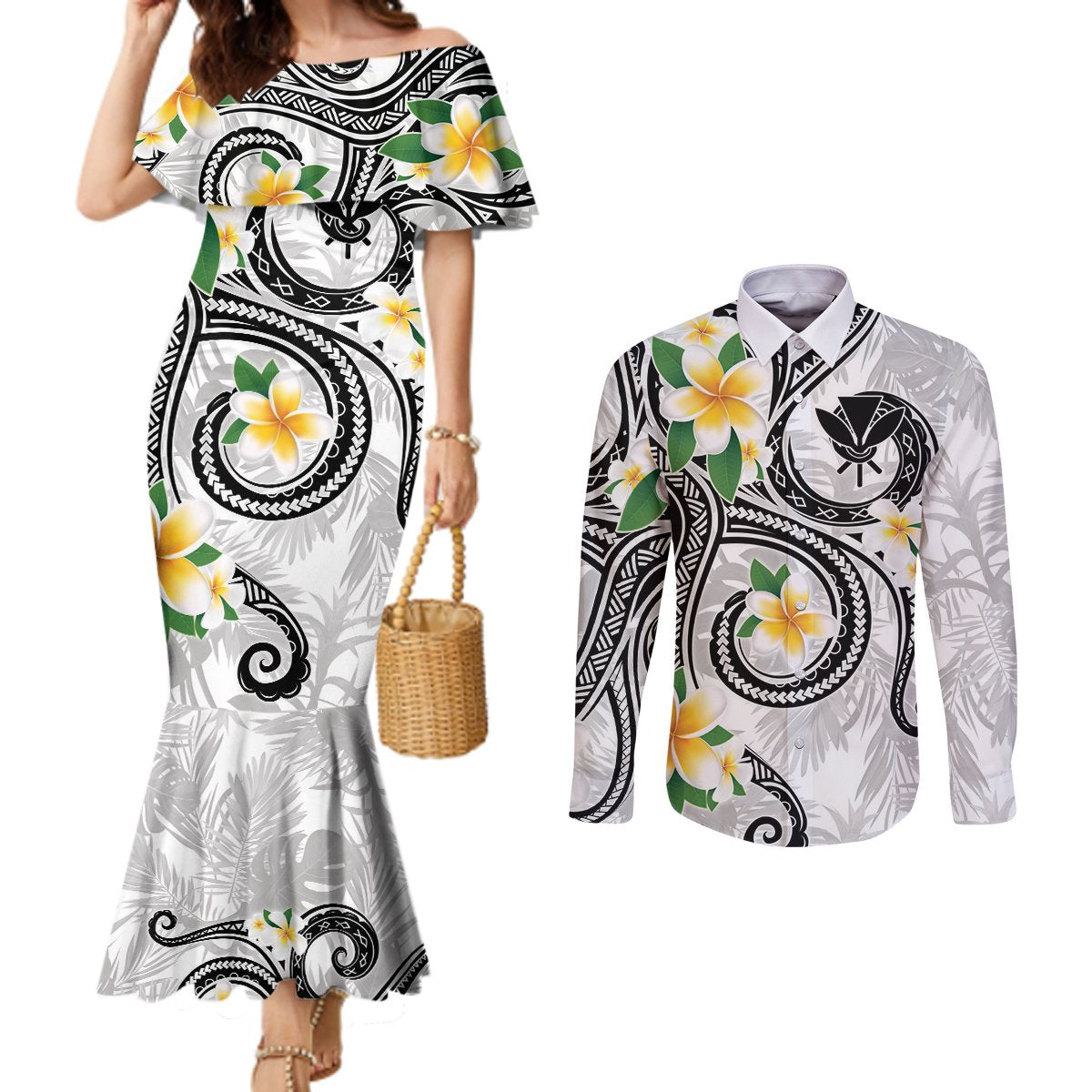 Kanaka Maoli Hawaii Plumeria Couples Matching Mermaid Dress and Long Sleeve Button Shirt Dancing Tentacles White Style LT7 White - Polynesian Pride