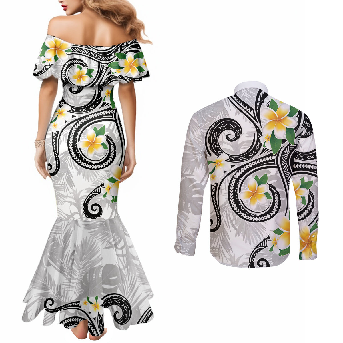 Kanaka Maoli Hawaii Plumeria Couples Matching Mermaid Dress and Long Sleeve Button Shirt Dancing Tentacles White Style