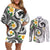 Kanaka Maoli Hawaii Plumeria Couples Matching Off Shoulder Short Dress and Long Sleeve Button Shirt Dancing Tentacles White Style