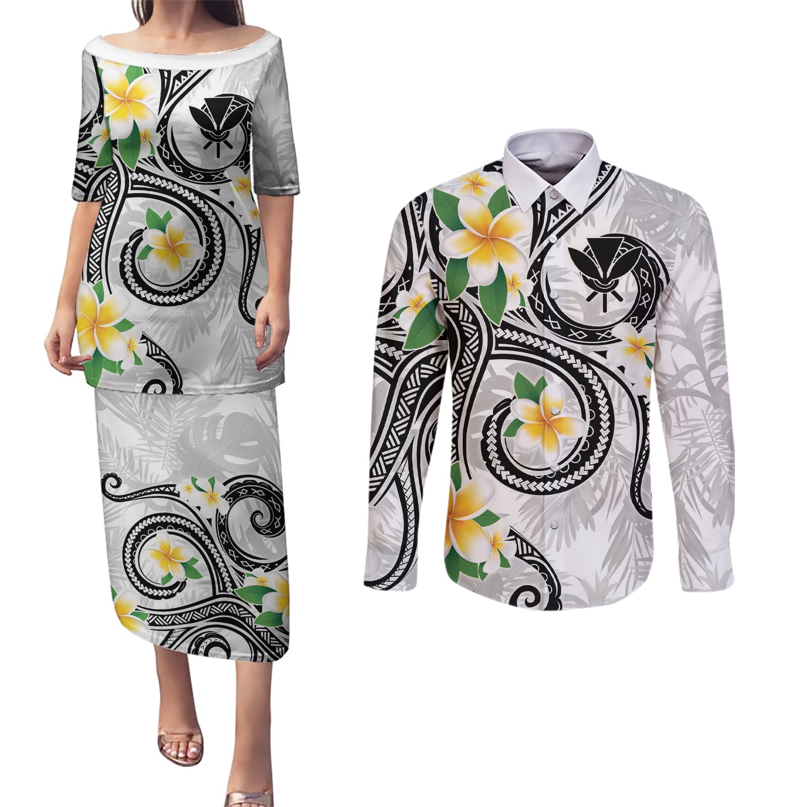 Kanaka Maoli Hawaii Plumeria Couples Matching Puletasi and Long Sleeve Button Shirt Dancing Tentacles White Style LT7 White - Polynesian Pride