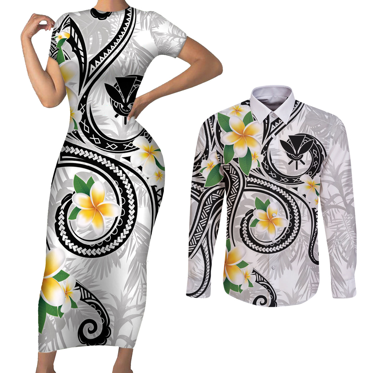 Kanaka Maoli Hawaii Plumeria Couples Matching Short Sleeve Bodycon Dress and Long Sleeve Button Shirt Dancing Tentacles White Style