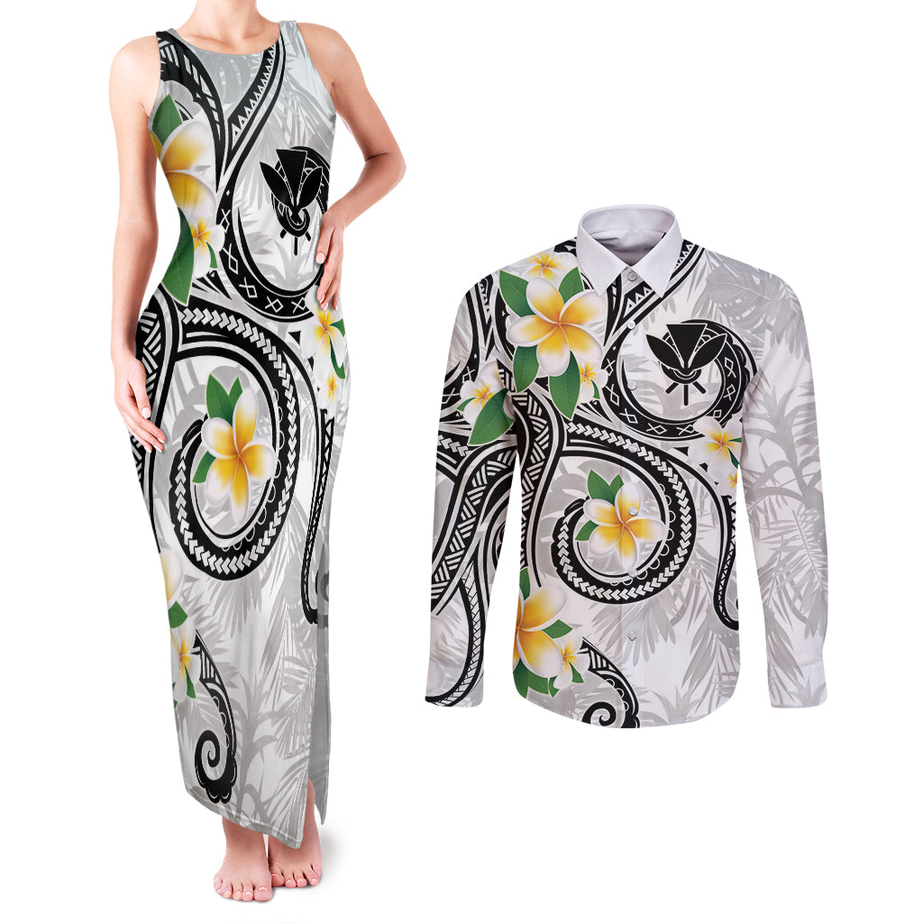 Kanaka Maoli Hawaii Plumeria Couples Matching Tank Maxi Dress and Long Sleeve Button Shirt Dancing Tentacles White Style LT7 White - Polynesian Pride
