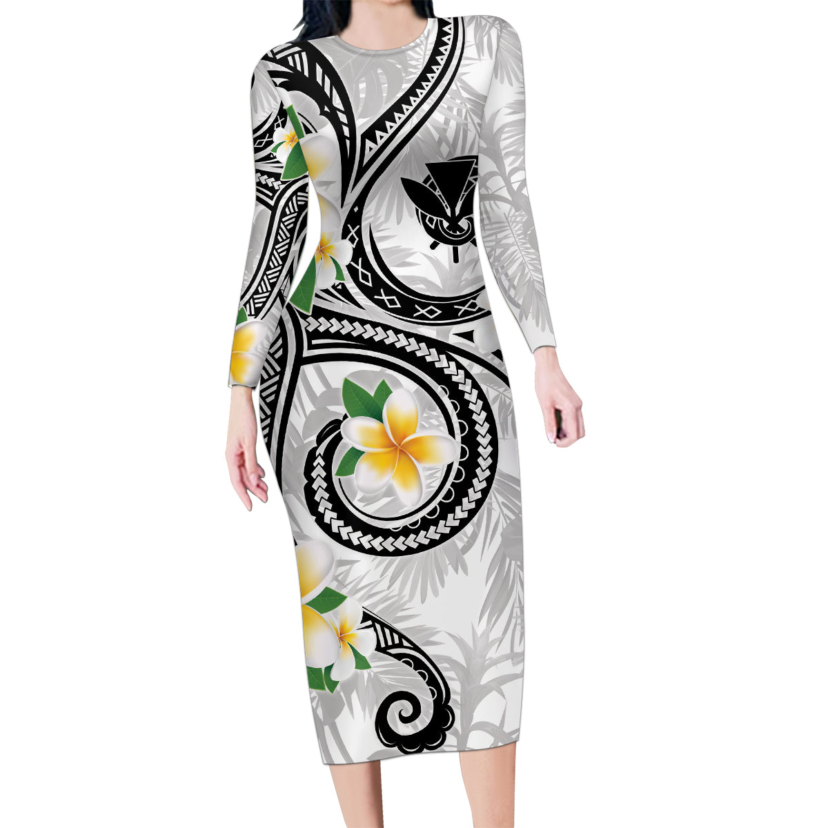 Kanaka Maoli Hawaii Plumeria Family Matching Long Sleeve Bodycon Dress and Hawaiian Shirt Dancing Tentacles White Style
