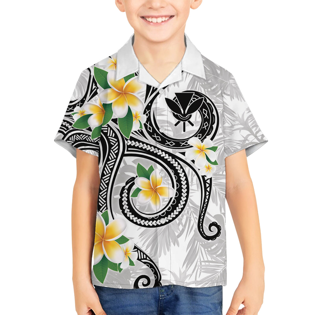 Kanaka Maoli Hawaii Plumeria Family Matching Off Shoulder Short Dress and Hawaiian Shirt Dancing Tentacles White Style