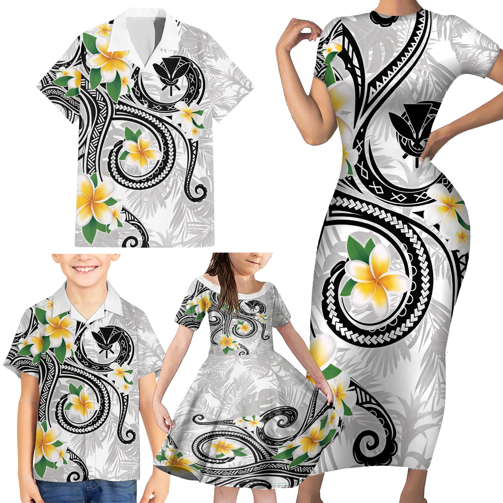 Kanaka Maoli Hawaii Plumeria Family Matching Short Sleeve Bodycon Dress and Hawaiian Shirt Dancing Tentacles White Style LT7 - Polynesian Pride