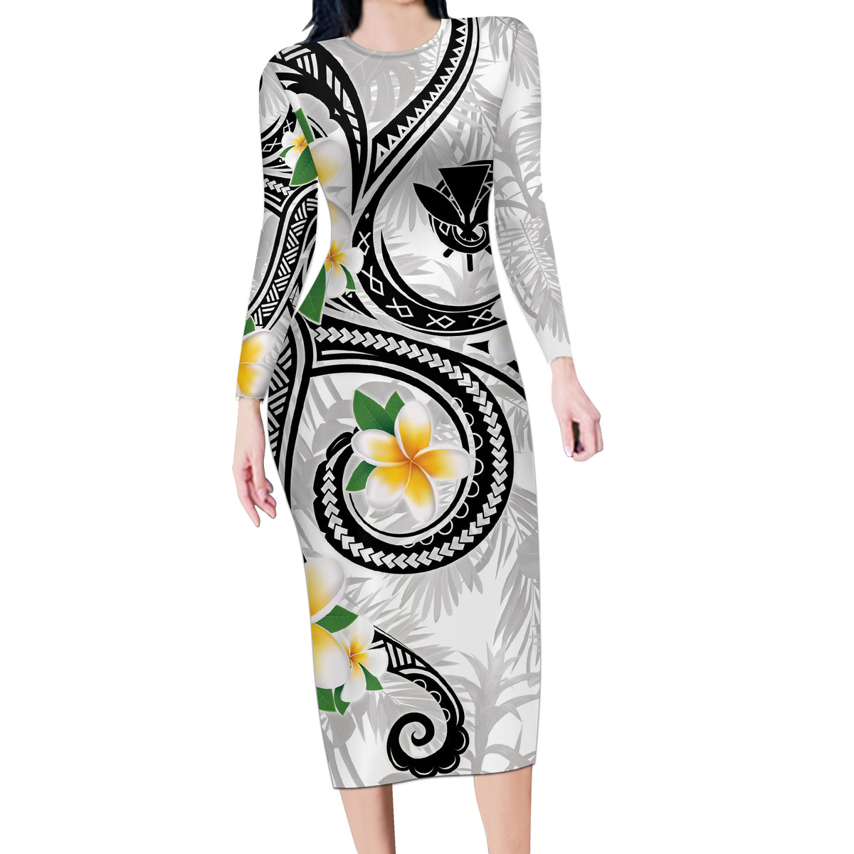 Kanaka Maoli Hawaii Plumeria Long Sleeve Bodycon Dress Dancing Tentacles White Style