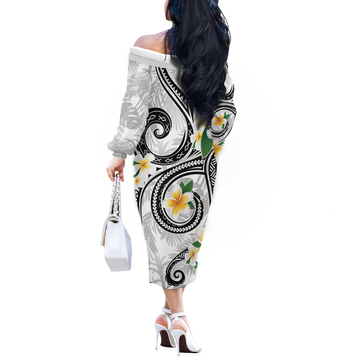 Kanaka Maoli Hawaii Plumeria Off The Shoulder Long Sleeve Dress Dancing Tentacles White Style