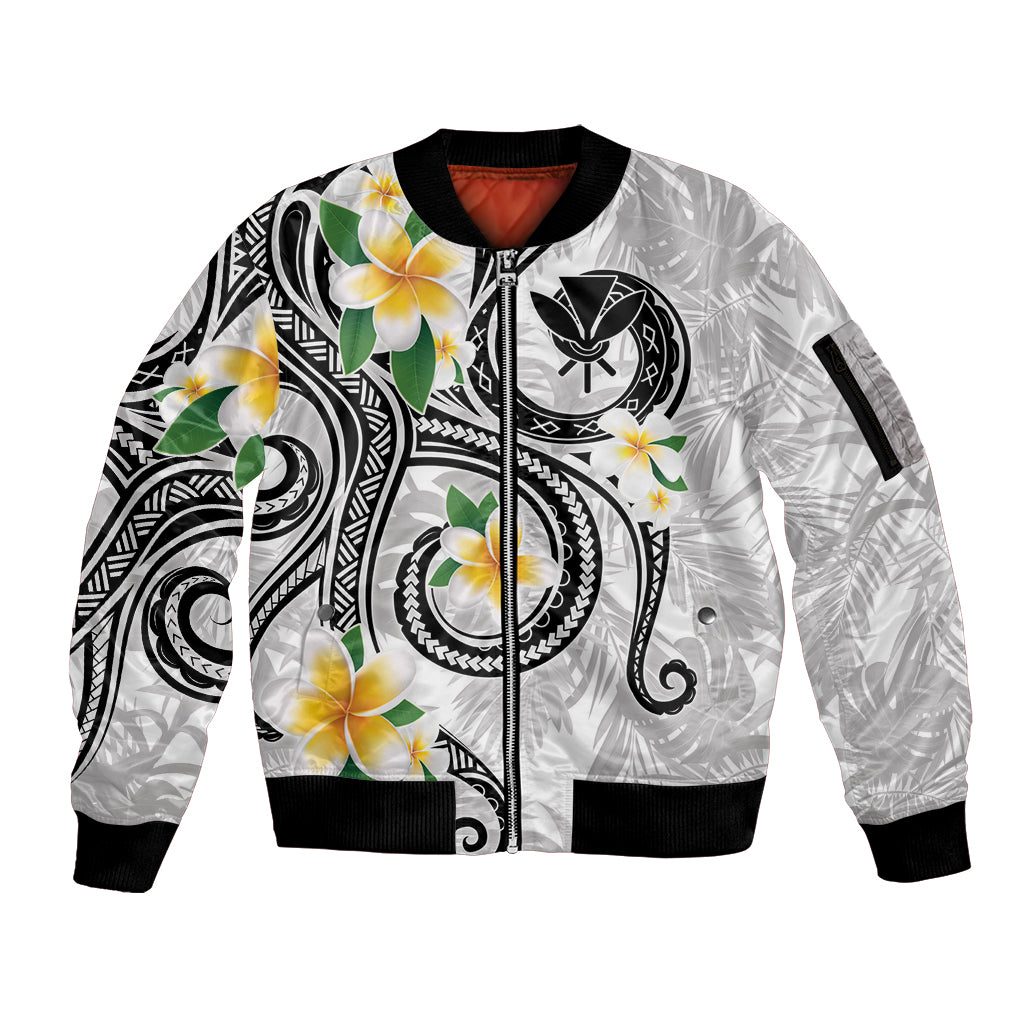 Kanaka Maoli Hawaii Plumeria Sleeve Zip Bomber Jacket Dancing Tentacles White Style LT7 Unisex White - Polynesian Pride