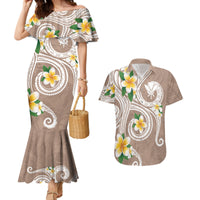 Kanaka Maoli Hawaii Plumeria Couples Matching Mermaid Dress and Hawaiian Shirt Dancing Tentacles Beige Style
