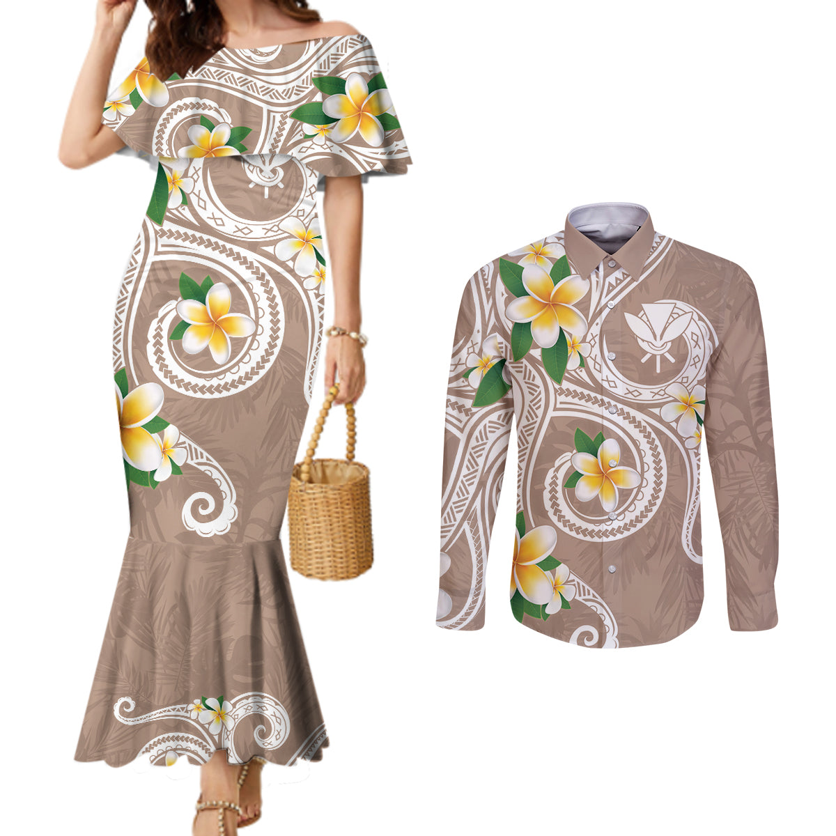 Kanaka Maoli Hawaii Plumeria Couples Matching Mermaid Dress and Long Sleeve Button Shirt Dancing Tentacles Beige Style
