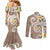 Kanaka Maoli Hawaii Plumeria Couples Matching Mermaid Dress and Long Sleeve Button Shirt Dancing Tentacles Beige Style