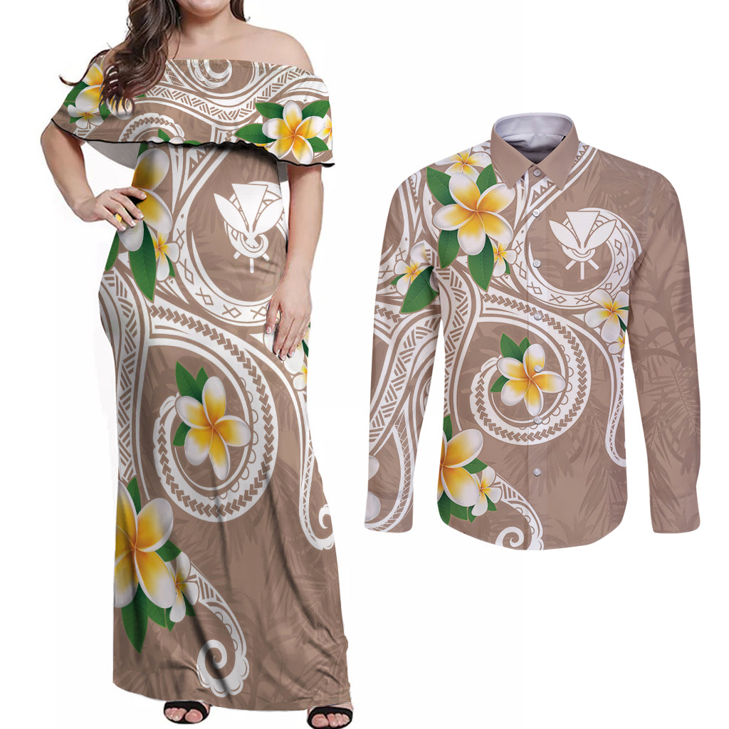 Kanaka Maoli Hawaii Plumeria Couples Matching Off Shoulder Maxi Dress and Long Sleeve Button Shirt Dancing Tentacles Beige Style LT7 Beige - Polynesian Pride