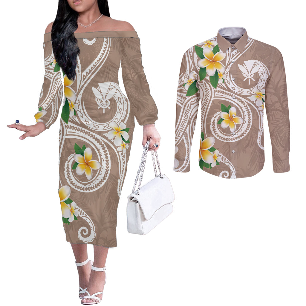 Kanaka Maoli Hawaii Plumeria Couples Matching Off The Shoulder Long Sleeve Dress and Long Sleeve Button Shirt Dancing Tentacles Beige Style