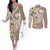 Kanaka Maoli Hawaii Plumeria Couples Matching Off The Shoulder Long Sleeve Dress and Long Sleeve Button Shirt Dancing Tentacles Beige Style