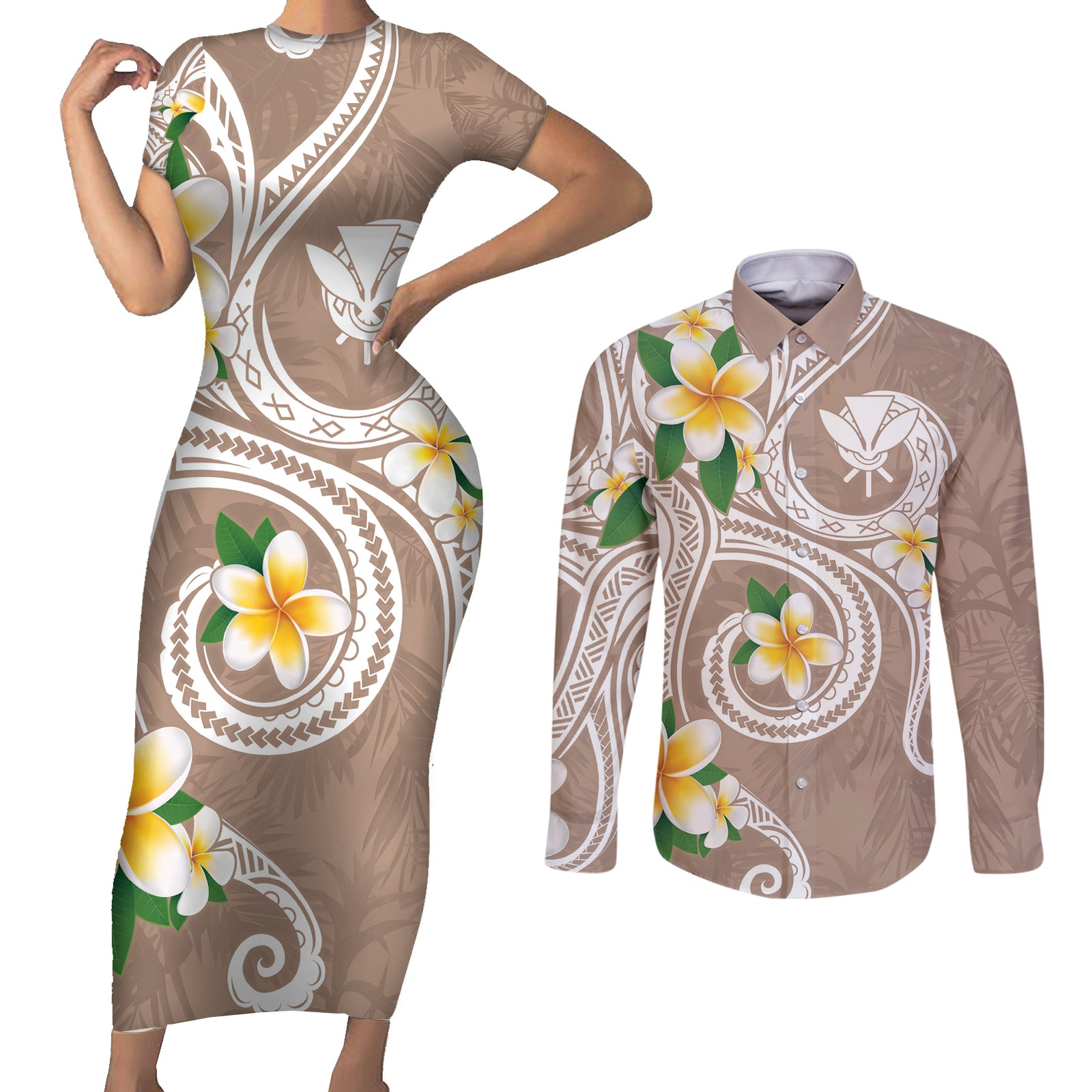 Kanaka Maoli Hawaii Plumeria Couples Matching Short Sleeve Bodycon Dress and Long Sleeve Button Shirt Dancing Tentacles Beige Style LT7 Beige - Polynesian Pride