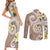 Kanaka Maoli Hawaii Plumeria Couples Matching Short Sleeve Bodycon Dress and Long Sleeve Button Shirt Dancing Tentacles Beige Style