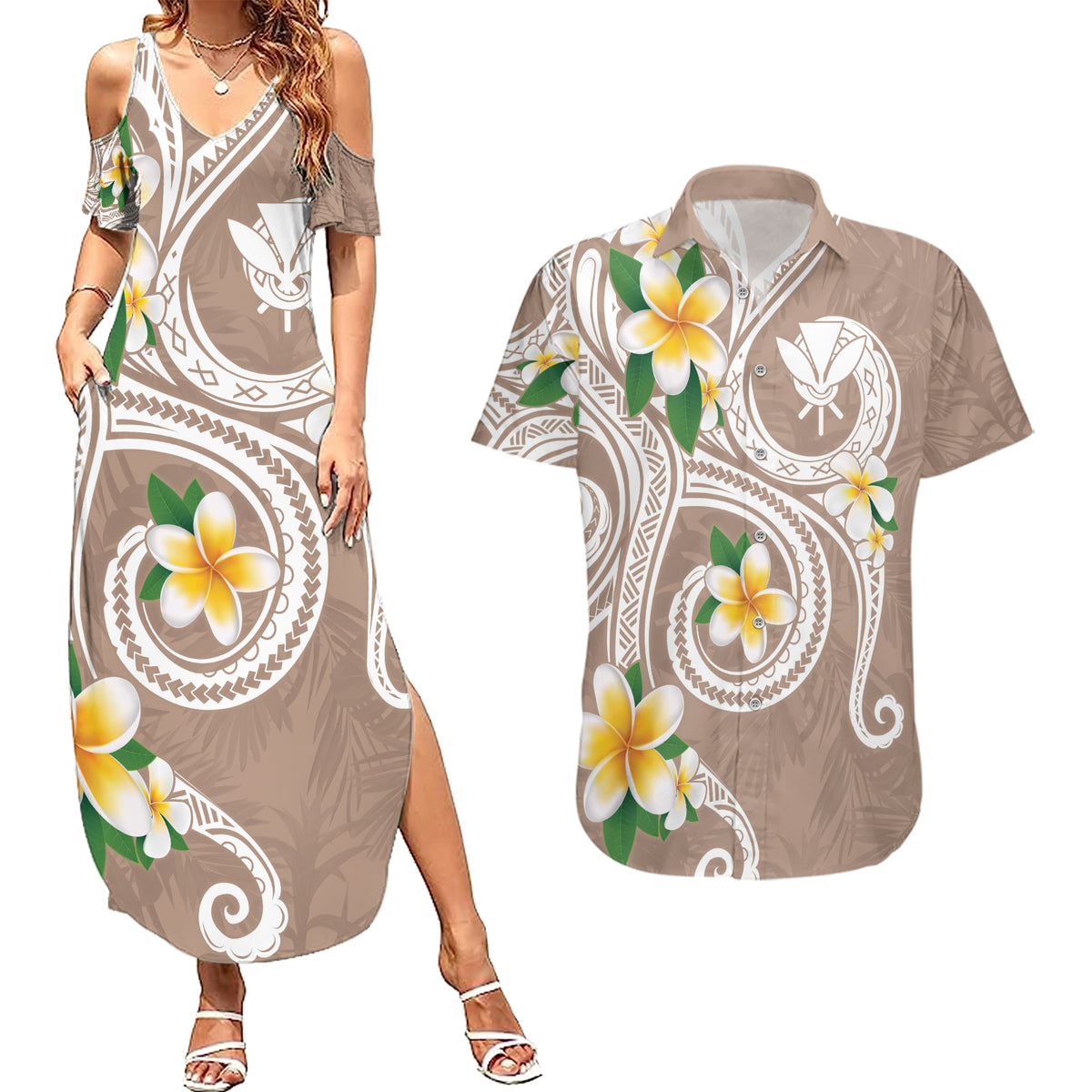 Kanaka Maoli Hawaii Plumeria Couples Matching Summer Maxi Dress and Hawaiian Shirt Dancing Tentacles Beige Style