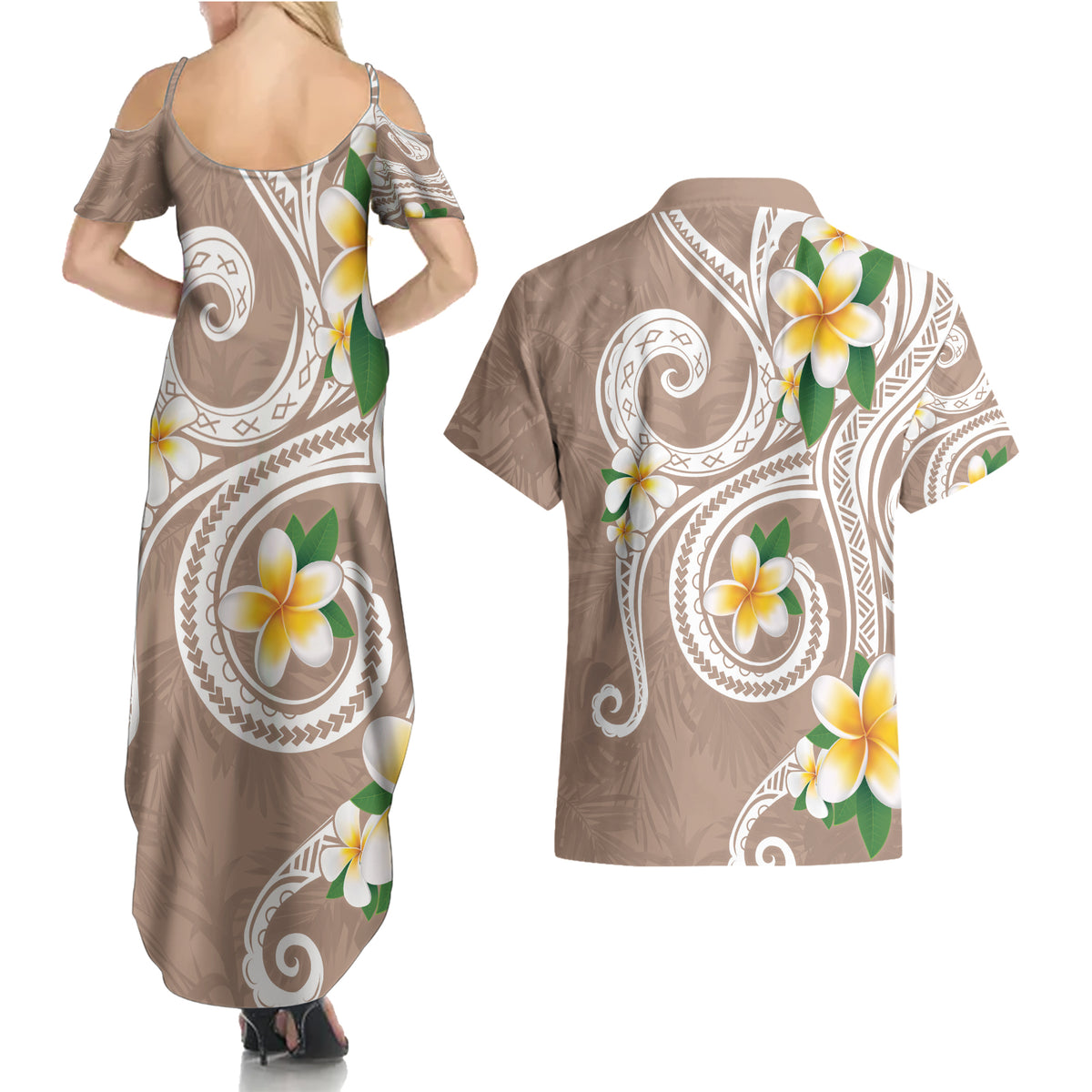 Kanaka Maoli Hawaii Plumeria Couples Matching Summer Maxi Dress and Hawaiian Shirt Dancing Tentacles Beige Style