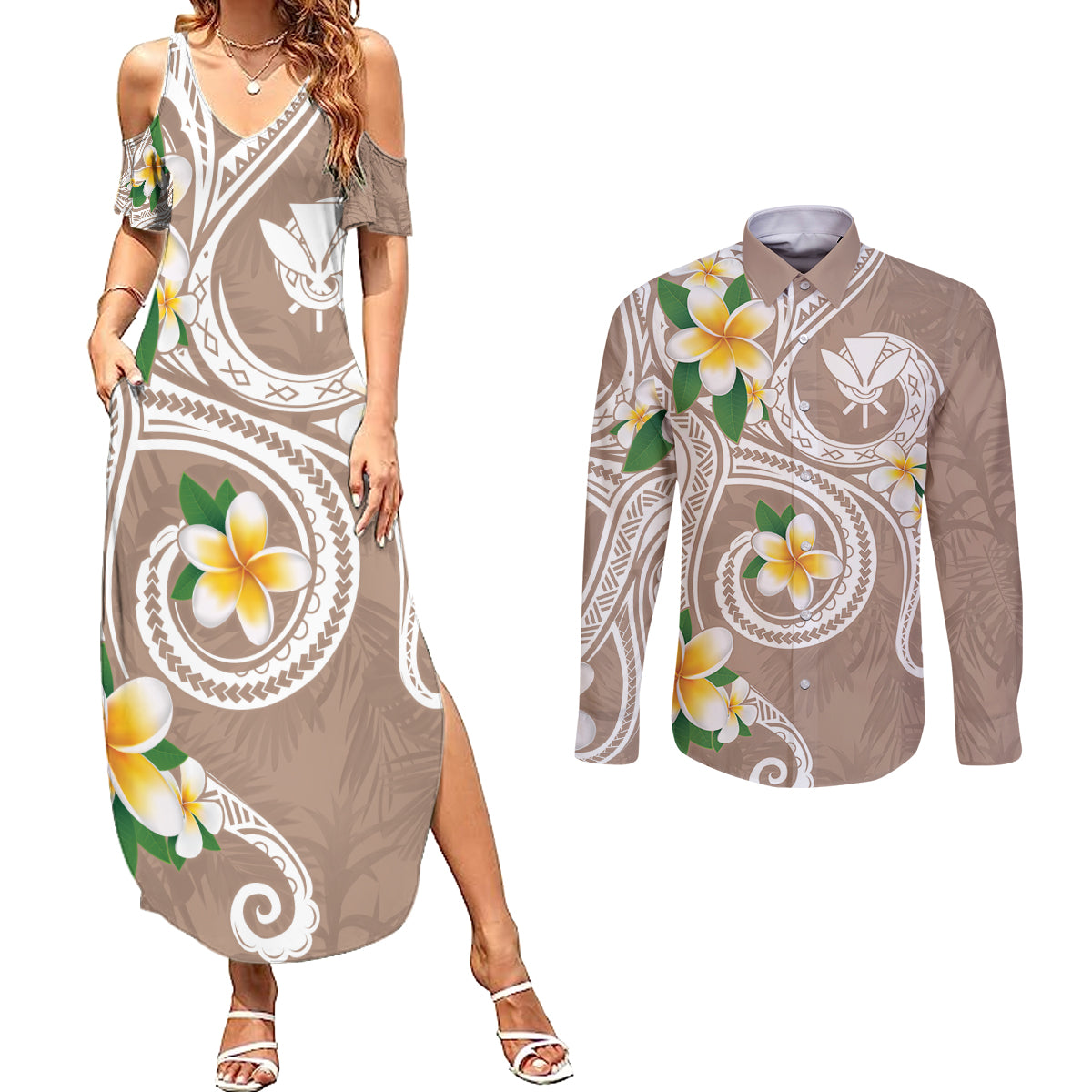 Kanaka Maoli Hawaii Plumeria Couples Matching Summer Maxi Dress and Long Sleeve Button Shirt Dancing Tentacles Beige Style