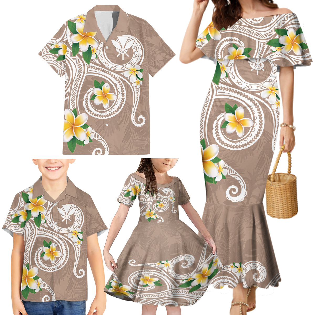 Kanaka Maoli Hawaii Plumeria Family Matching Mermaid Dress and Hawaiian Shirt Dancing Tentacles Beige Style