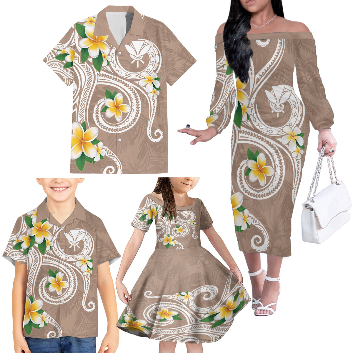Kanaka Maoli Hawaii Plumeria Family Matching Off The Shoulder Long Sleeve Dress and Hawaiian Shirt Dancing Tentacles Beige Style LT7 - Polynesian Pride