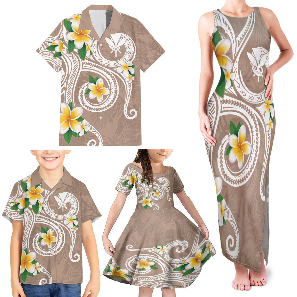 Kanaka Maoli Hawaii Plumeria Family Matching Tank Maxi Dress and Hawaiian Shirt Dancing Tentacles Beige Style LT7 - Polynesian Pride
