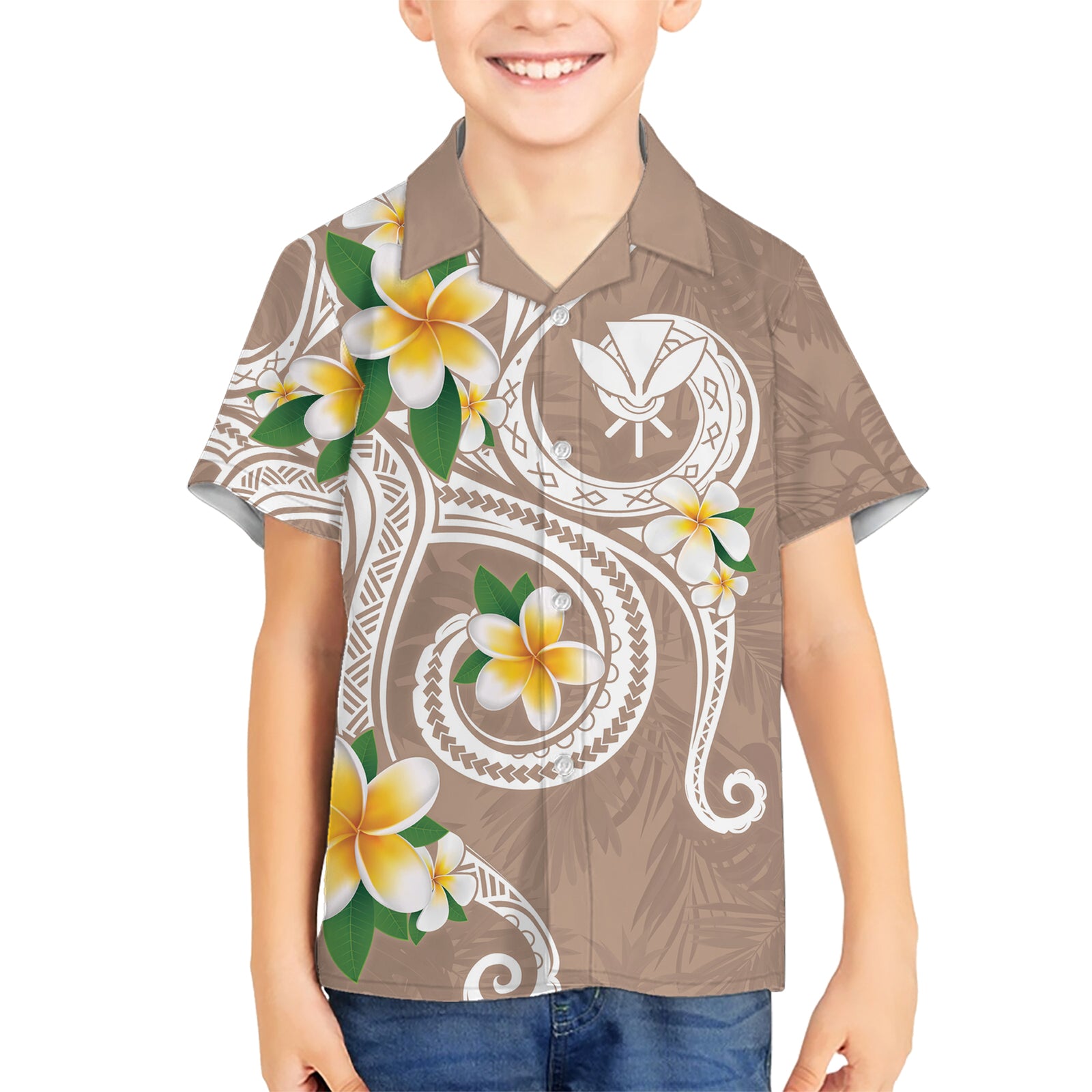 Kanaka Maoli Hawaii Plumeria Kid Hawaiian Shirt Dancing Tentacles Beige Style LT7 Kid Beige - Polynesian Pride