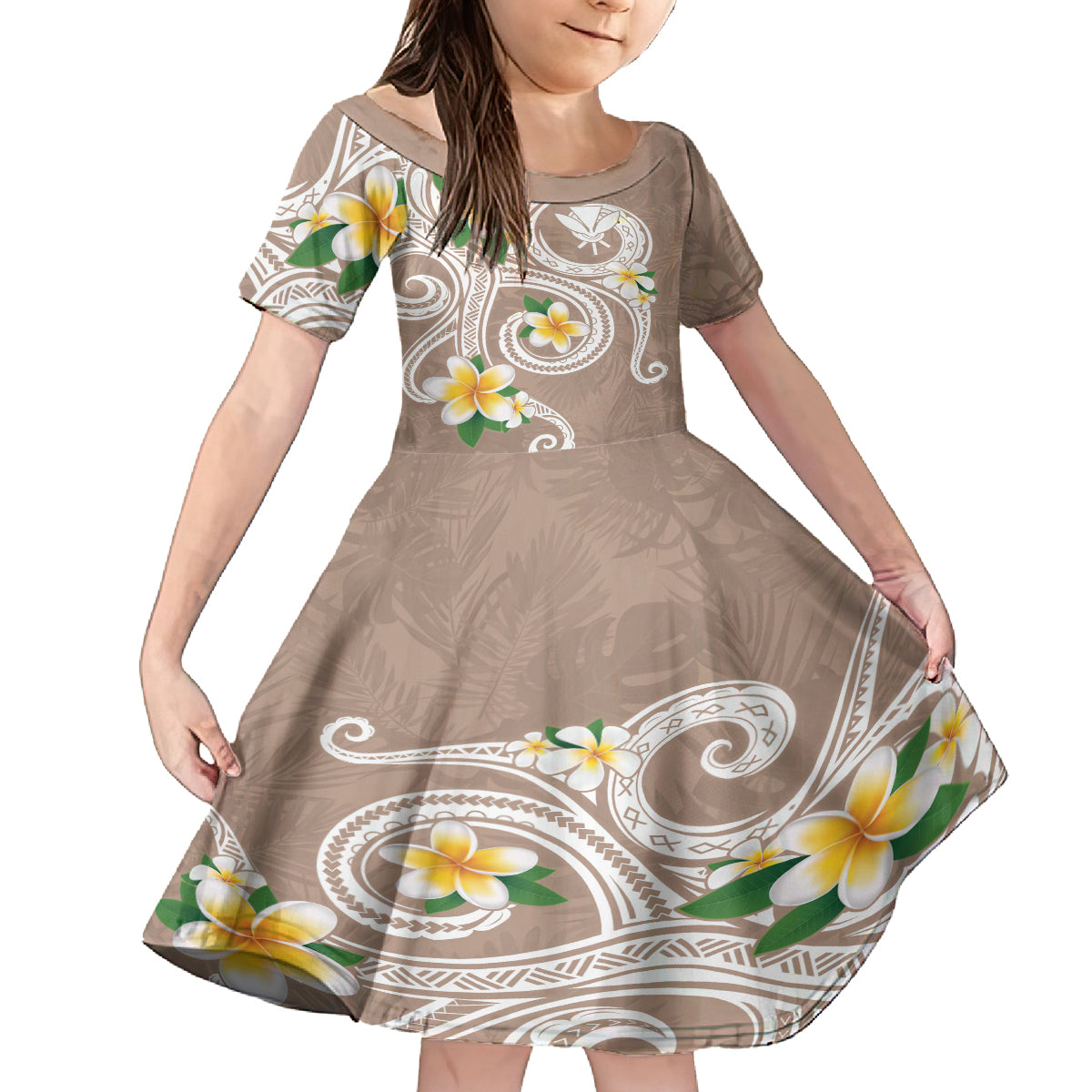 Kanaka Maoli Hawaii Plumeria Kid Short Sleeve Dress Dancing Tentacles Beige Style