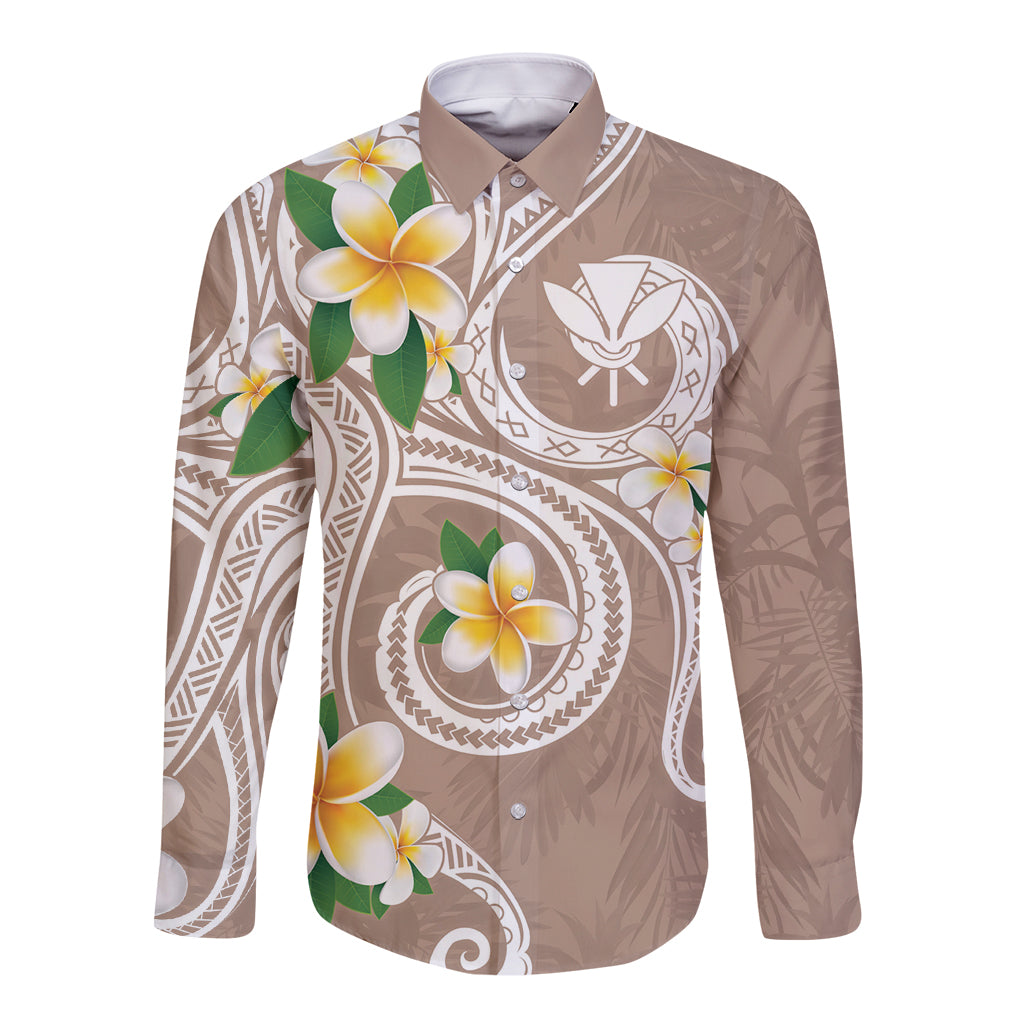 Kanaka Maoli Hawaii Plumeria Long Sleeve Button Shirt Dancing Tentacles Beige Style LT7 Unisex Beige - Polynesian Pride